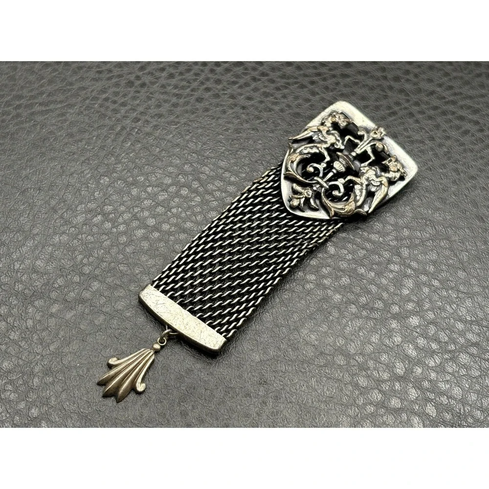Vintage Silver Tone Ornate Baroque Mesh Brooch Pin with Shell Charm